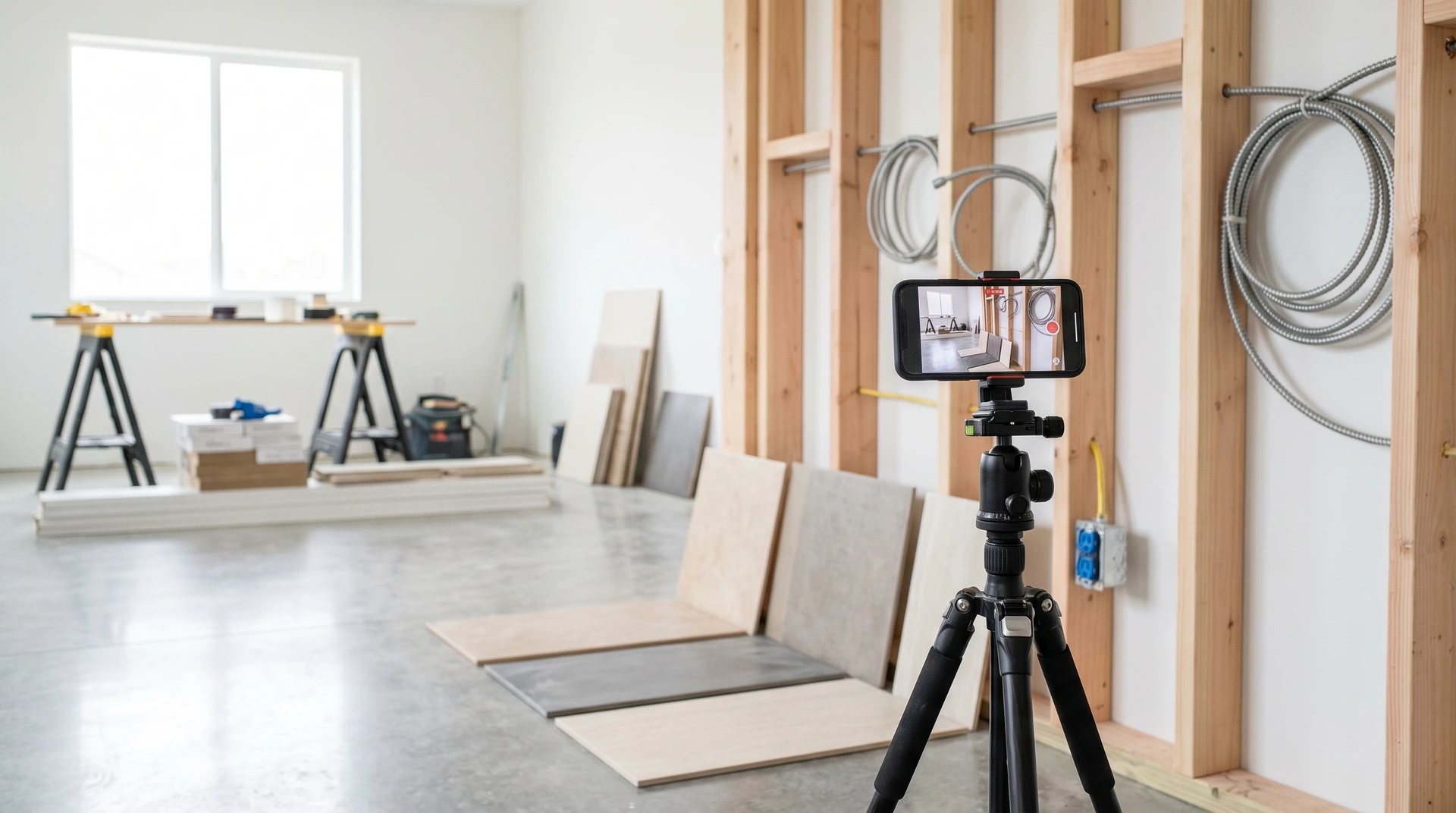 Smartphone på stativ filmar ett rum under renovering med byggmaterial.