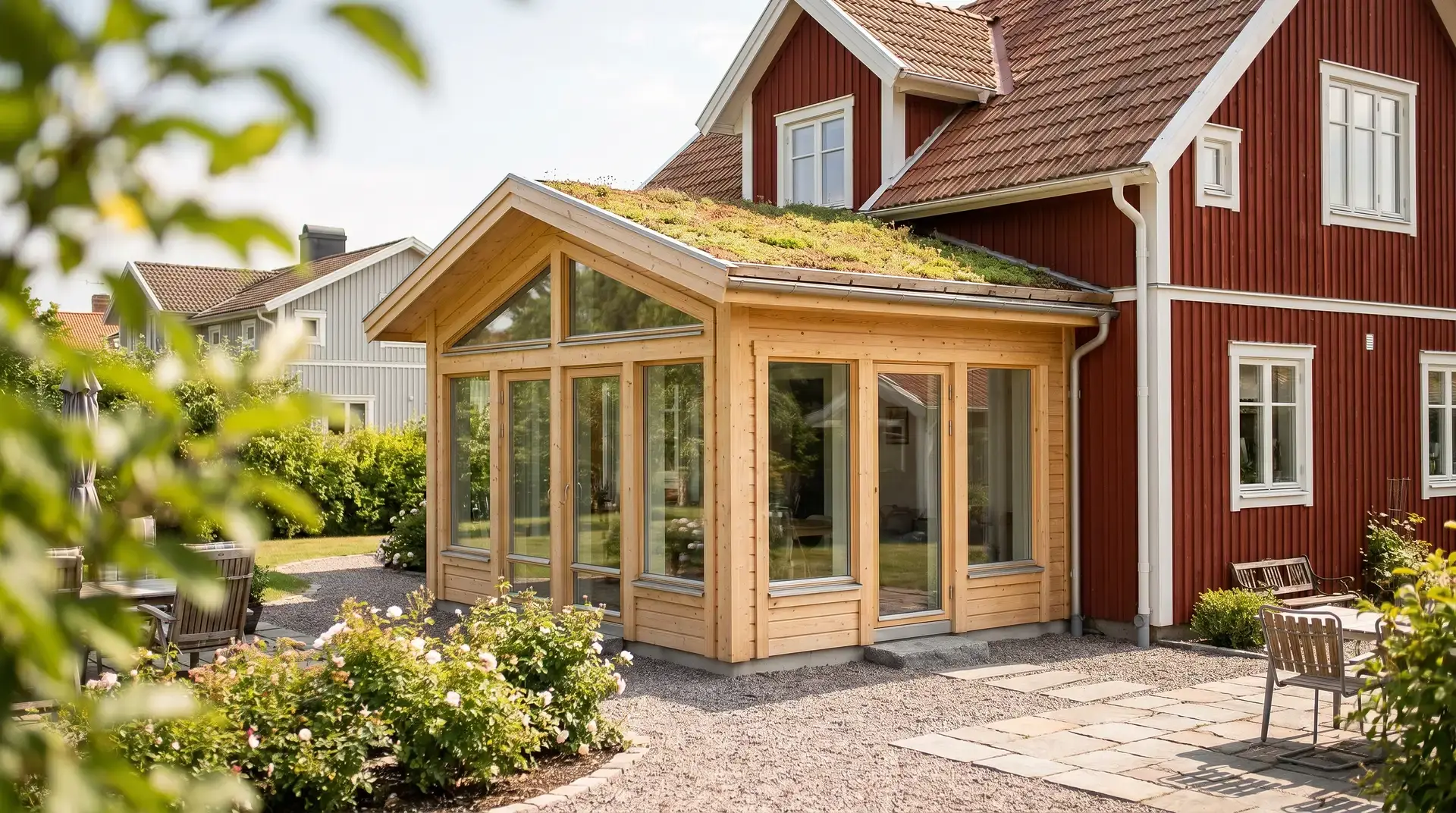 Rött trähus med modern glasveranda och grönt sedumtak.